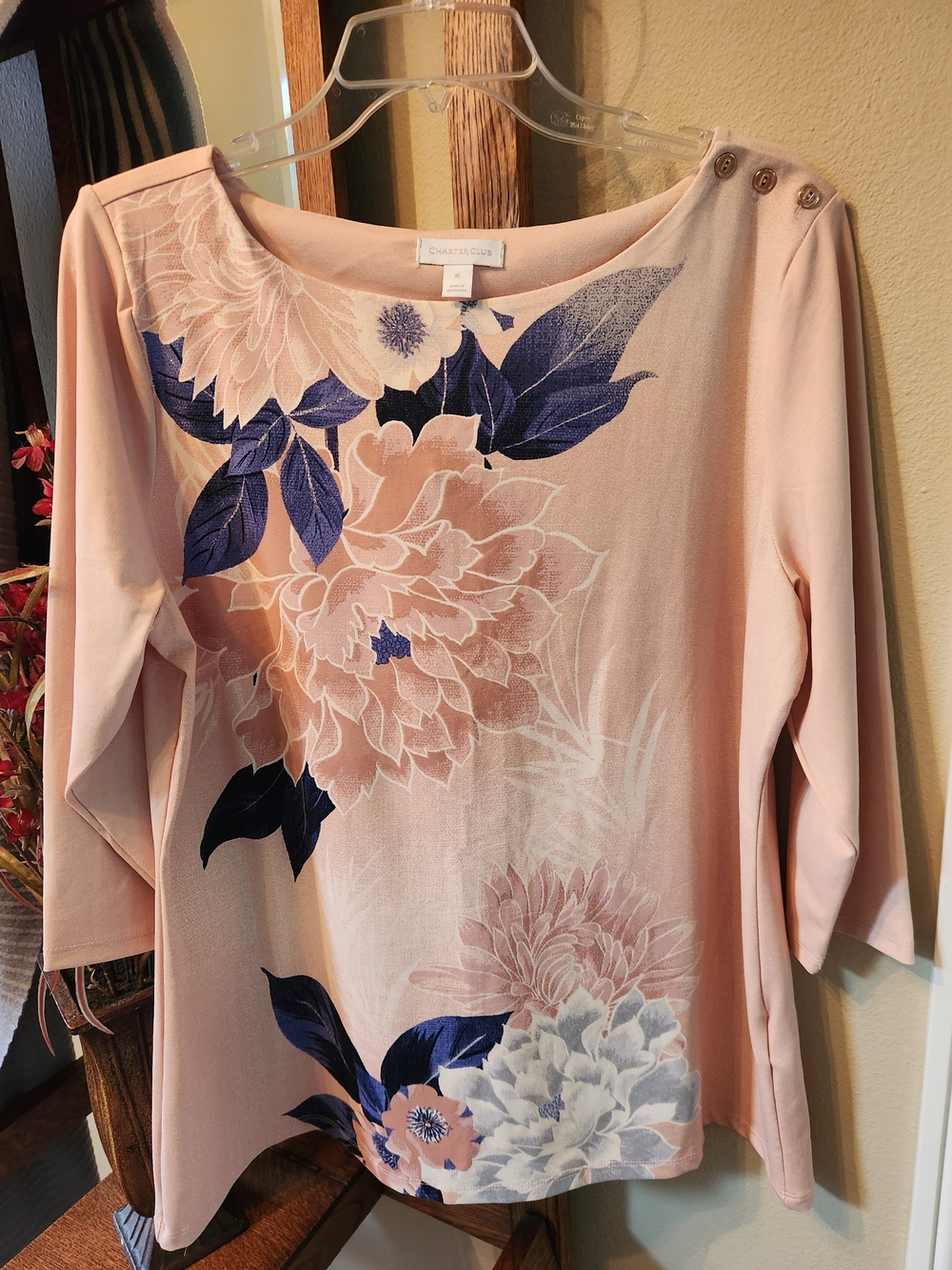Charter Club Blush Floral Boatneck Top with Navy Accents